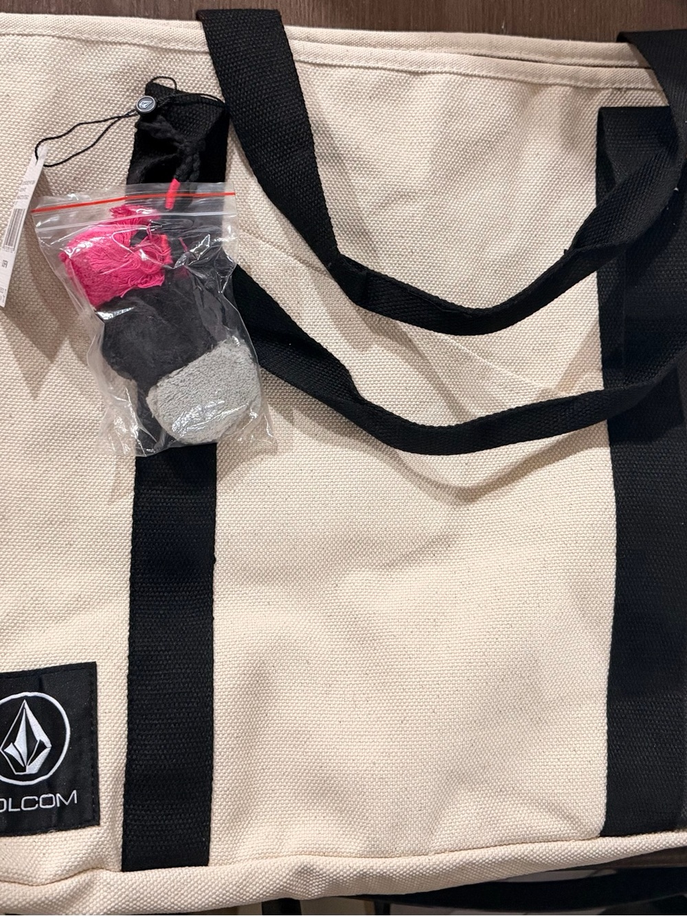 Volcom Cream Canvas Tote with Black Straps and Logo
